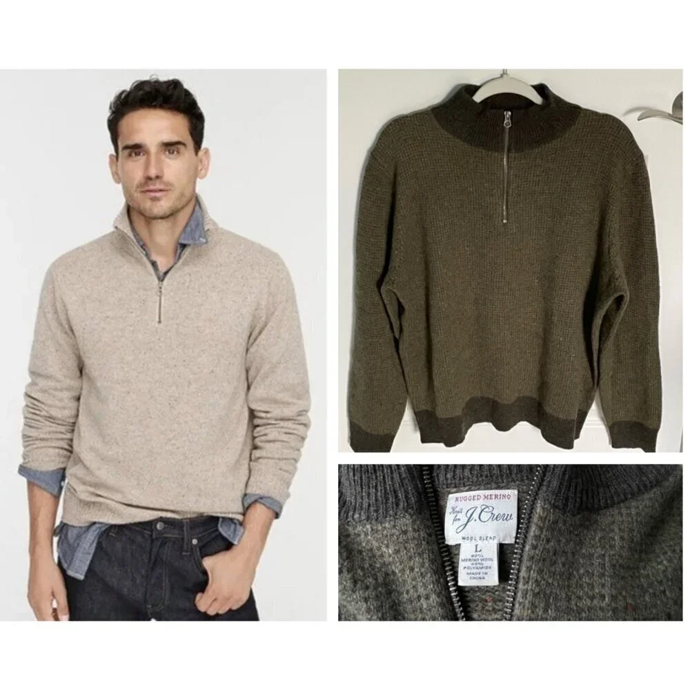 J. Crew Rugged Merino 1/4 Zip Black Gray Knit Pullover Sweater 47042